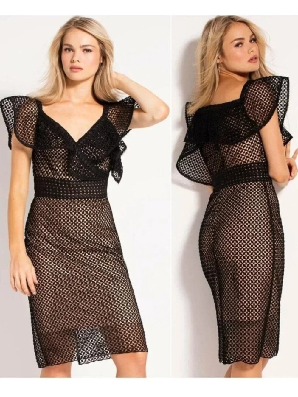 NWT Jovani M60978 Black Crochet Formal Midi Dress $400